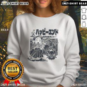 Alt Text: Pretty retro manga scared girl confronts a monster in this comic-style happy ending sweatshirt design.