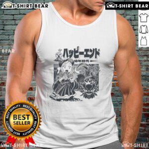 Pretty retro manga illustration of a scared girl facing a monster, featuring a joyful ending on a tank top design.