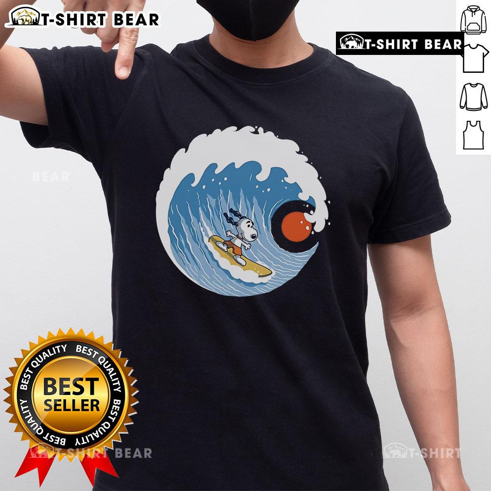 Alt Text: Pretty Snoopy Big Wave Adventure 2 T-Shirt featuring Snoopy surfing on a colorful wave, perfect for beach lovers.
