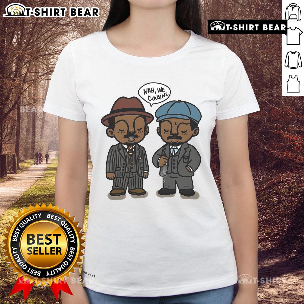 Stylish 'Sinners Nah We Cousins' ladies tee featuring bold graphic design, perfect for casual wear and expressing personality.