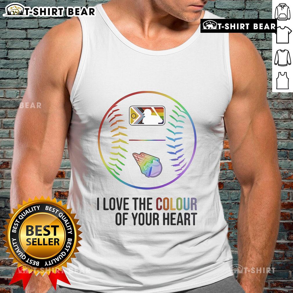 Top Cleveland Guardians baseball tank top for Pride Month 2025, featuring vibrant heart design and team colors.