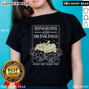 Top Dungeons and Drinkings fantasy role-playing game ladies tee featuring vibrant graphics and comfortable fit.