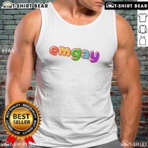 Vibrant Top Emgay rainbow tank top displayed on a hanger, perfect for pride events and summer fashion.