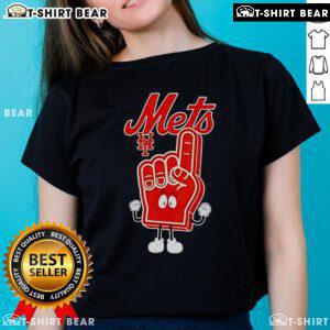 Alt Text: New York Mets ladies tee featuring a top foam hand with number one finger for cheering at games.