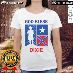 Top God Bless Dixie Southern Soldier Ladies Tee featuring patriotic design and soft fabric for women.