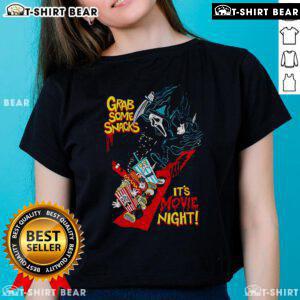 Top Grab Some Snacks It's Movie Night Ladies Tee featuring fun graphics perfect for movie lovers and cozy nights in.