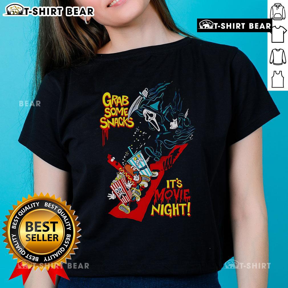 Top Grab Some Snacks It's Movie Night Ladies Tee featuring fun graphics perfect for movie lovers and cozy nights in.