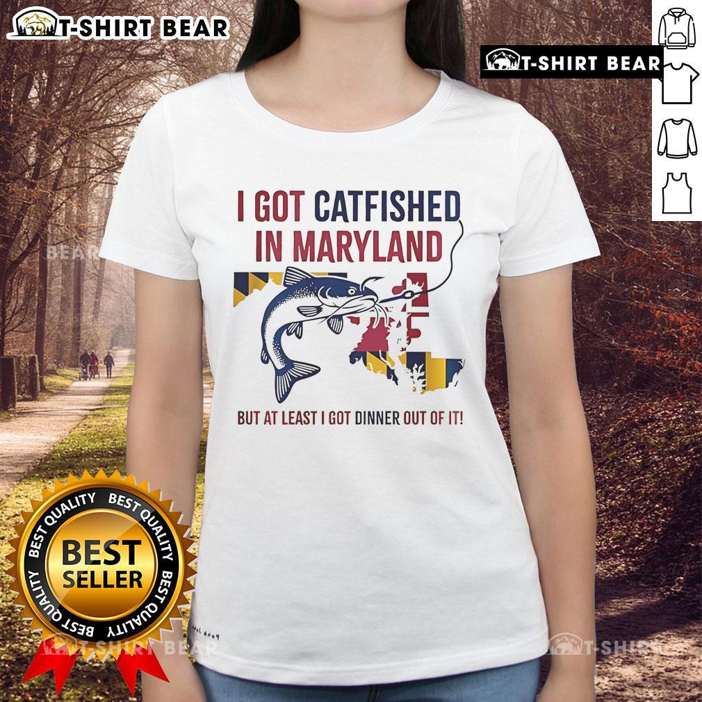 Top I Got Catfished in Maryland Ladies Tee featuring a humorous design, perfect for catfish-themed apparel lovers.