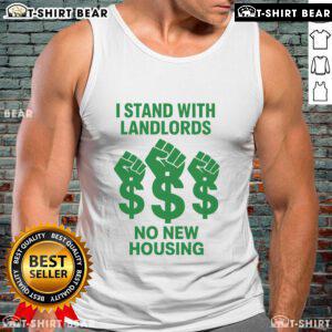 Woman wearing 'Stand With Landlords No New Housing' tank top at a rally, promoting landlord rights and housing issues.