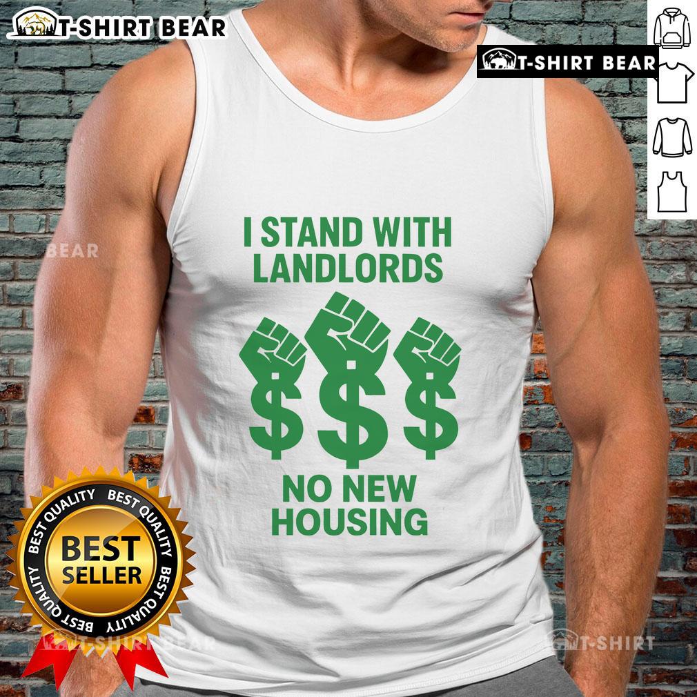Woman wearing 'Stand With Landlords No New Housing' tank top at a rally, promoting landlord rights and housing issues.