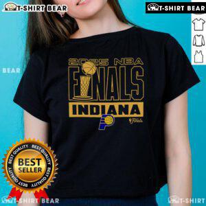 Top Indiana Pacers 2025 NBA Finals Trophy Ladies Tee featuring vibrant team colors and logo, perfect for fans.