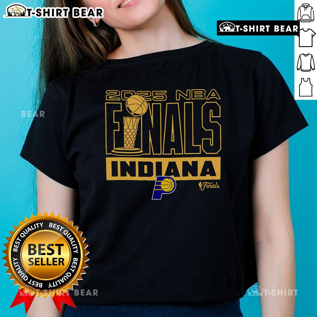 Top Indiana Pacers 2025 NBA Finals Trophy Ladies Tee featuring vibrant team colors and logo, perfect for fans.