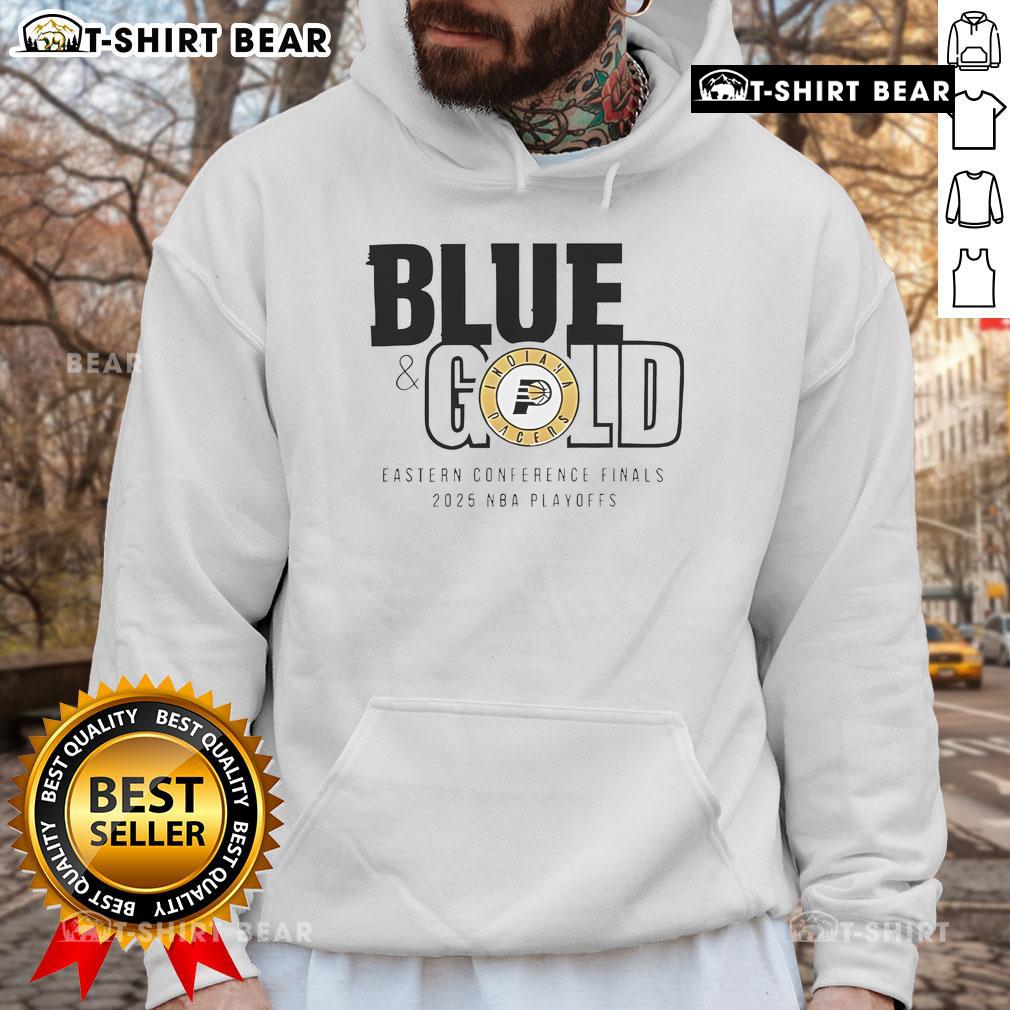 Alt Text: Stylish Top Indiana Pacers blue and gold hoodie celebrating the 2025 Eastern Conference Finals, perfect for fans.