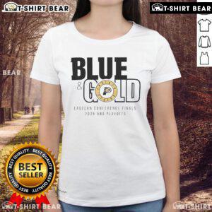 Top Indiana Pacers blue and gold 2025 Eastern Conference Finals ladies tee showcasing team pride and stylish design.