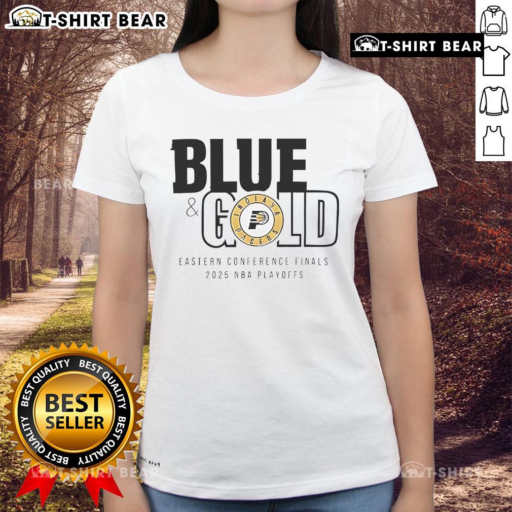 Top Indiana Pacers blue and gold 2025 Eastern Conference Finals ladies tee showcasing team pride and stylish design.