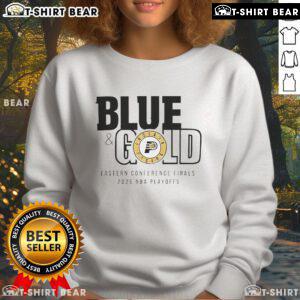 Alt Text: Top Indiana Pacers blue and gold sweatshirt for the 2025 Eastern Conference Finals, showcasing team spirit and style.