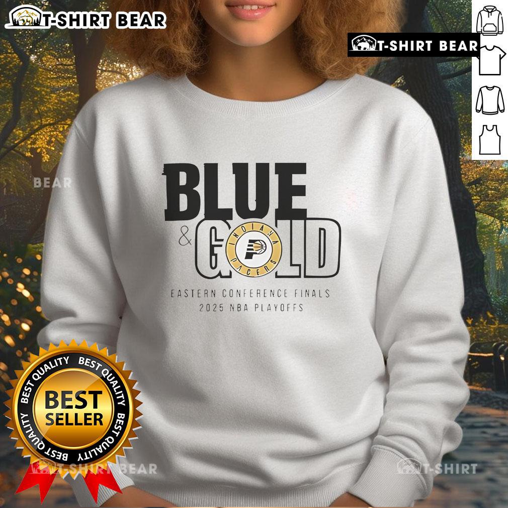 Alt Text: Top Indiana Pacers blue and gold sweatshirt for the 2025 Eastern Conference Finals, showcasing team spirit and style.