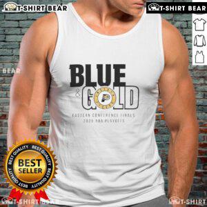 Alt Text: Stylish blue and gold tank top featuring the Top Indiana Pacers logo for the 2025 Eastern Conference Finals.