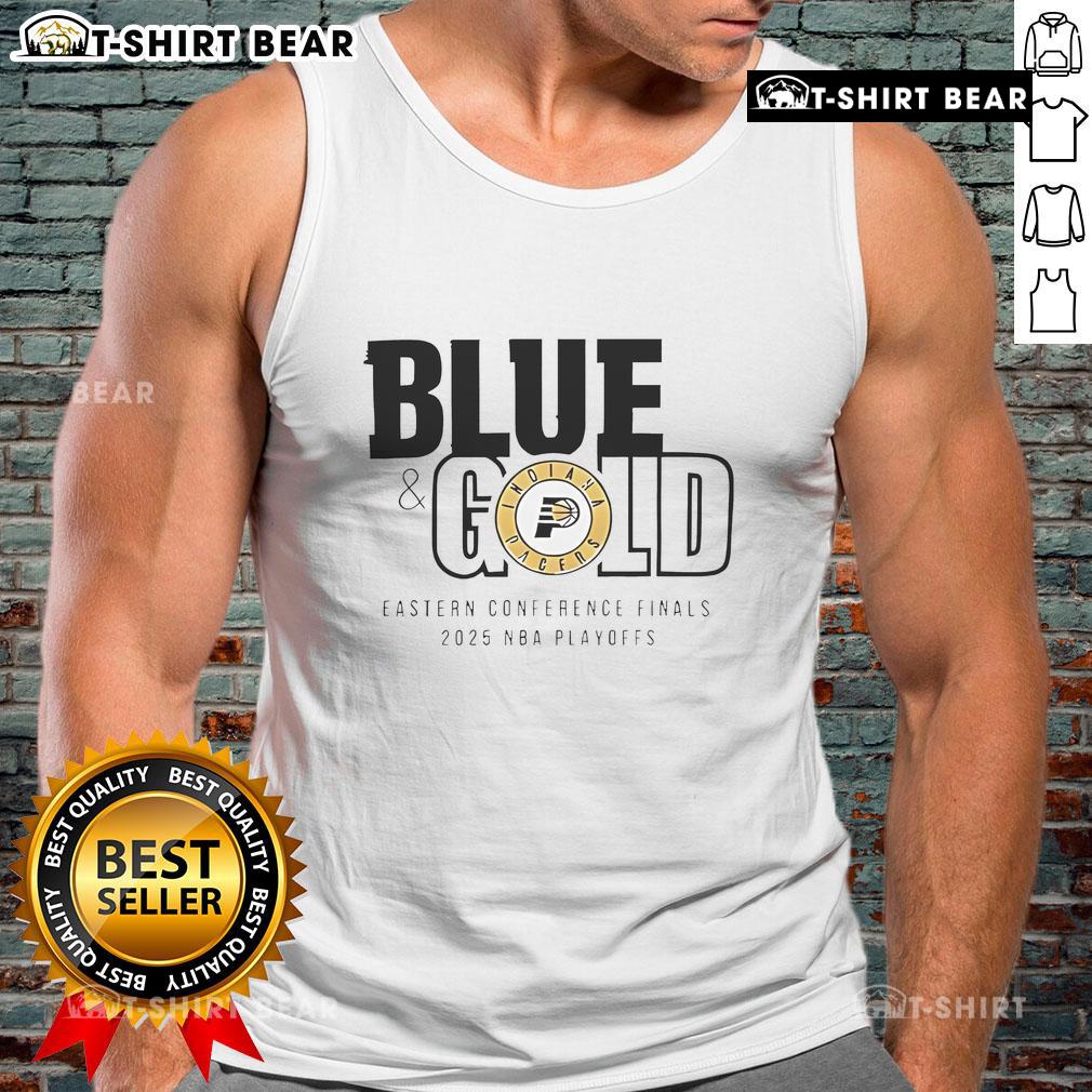 Alt Text: Stylish blue and gold tank top featuring the Top Indiana Pacers logo for the 2025 Eastern Conference Finals.