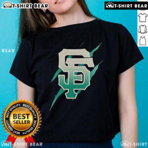 Alt Text: Stylish ladies tee featuring the Top Jurassic World Rebirth San Francisco Giants logo in vibrant colors.