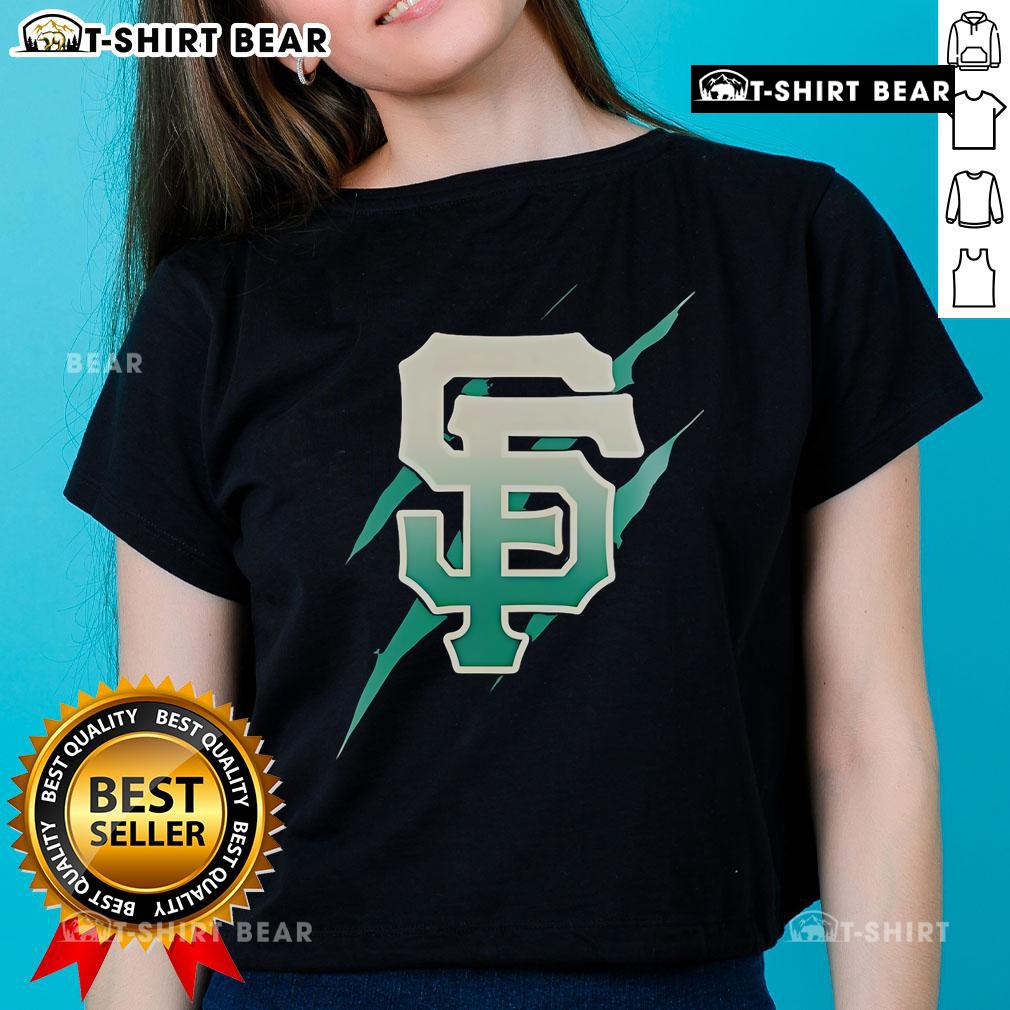 Alt Text: Stylish ladies tee featuring the Top Jurassic World Rebirth San Francisco Giants logo in vibrant colors.