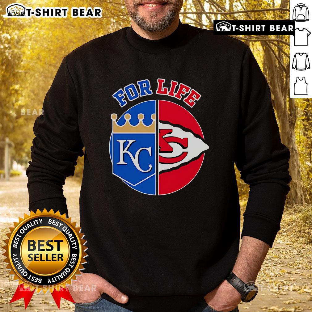 Top Kansas City Chiefs and Royals For Life sweatshirt featuring team logos, perfect for fans and game day wear.