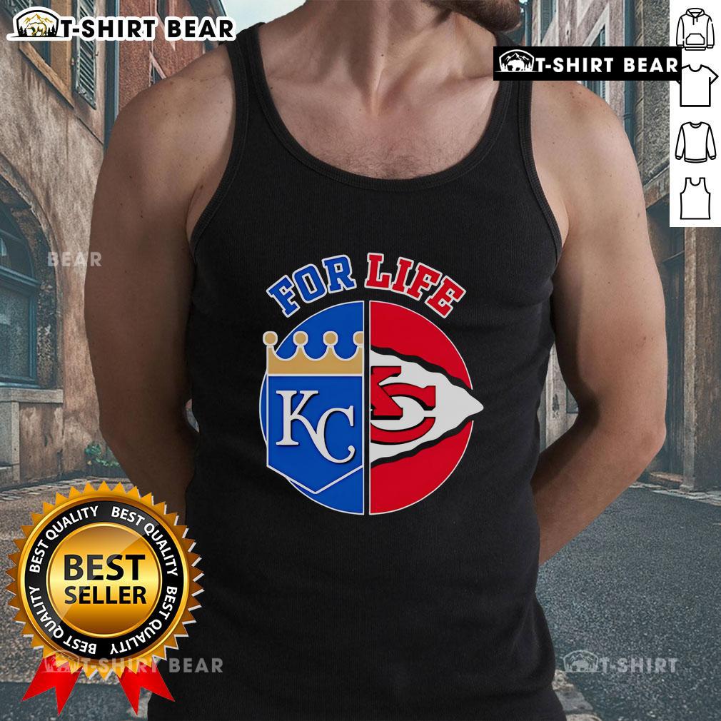 Alt Text: Top Kansas City Chiefs and Royals For Life tank top featuring team logos and vibrant colors, perfect for fans.