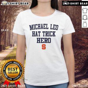 Top Michael Leo Jr. hat trick hero in Syracuse lacrosse, wearing stylish ladies tee, celebrating a victory on the field.