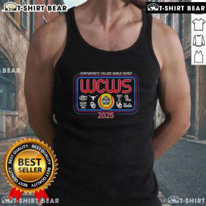 Top NCAA Women's College World Series 2025 tank top featuring logos of the 8 competing teams in vibrant colors.