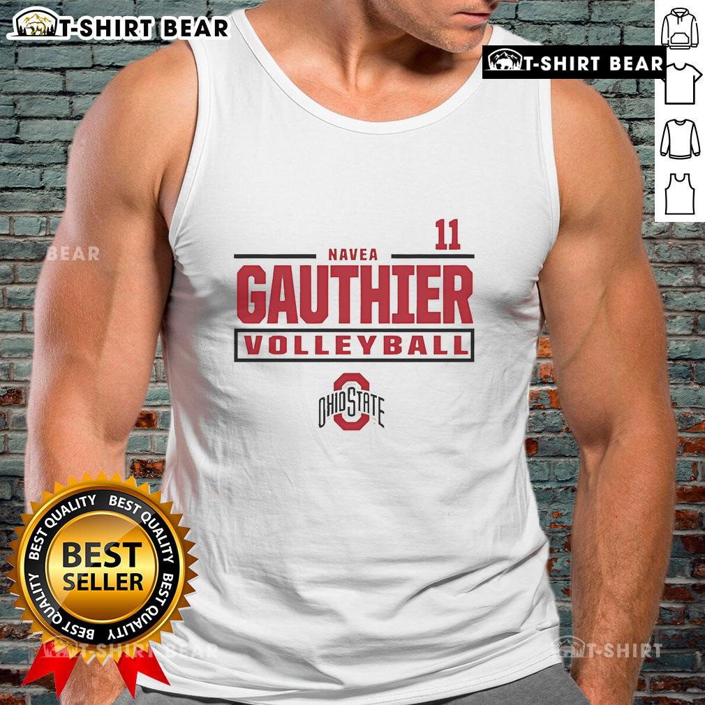 Navea Gauthier wearing an Ohio State Buckeyes volleyball tank top, showcasing team spirit and style.