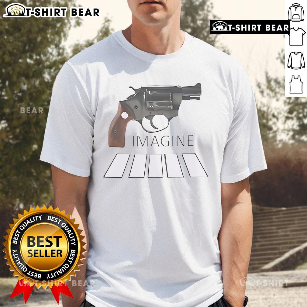 Top Revolver Imagine Gun Abbey Road Crosswalk T-Shirt featuring iconic Beatles imagery and artistic design.