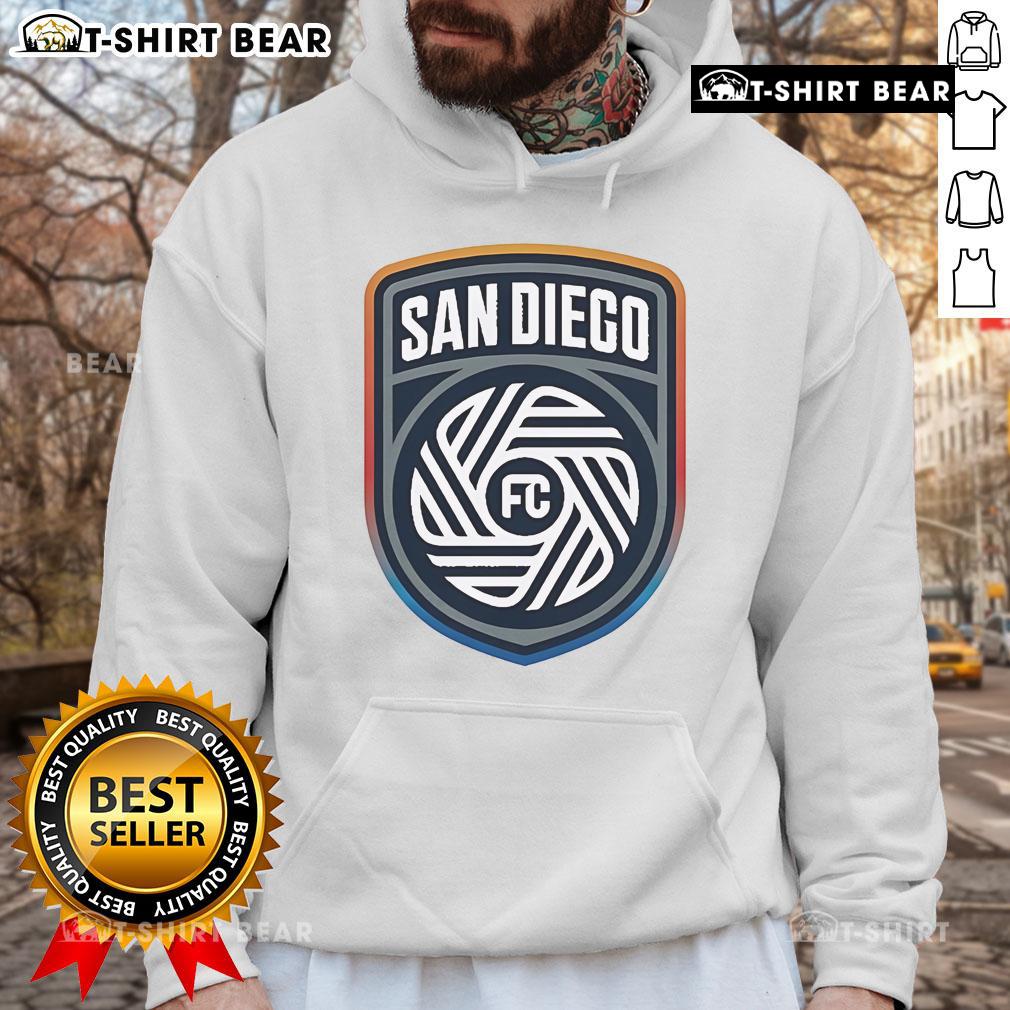 Top San Diego FC crest logo hoodie in navy blue showcasing vibrant team colors and stylish design for fans.