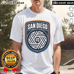 Alt Text: Top San Diego FC crest logo t-shirt featuring vibrant colors and stylish design for soccer fans.