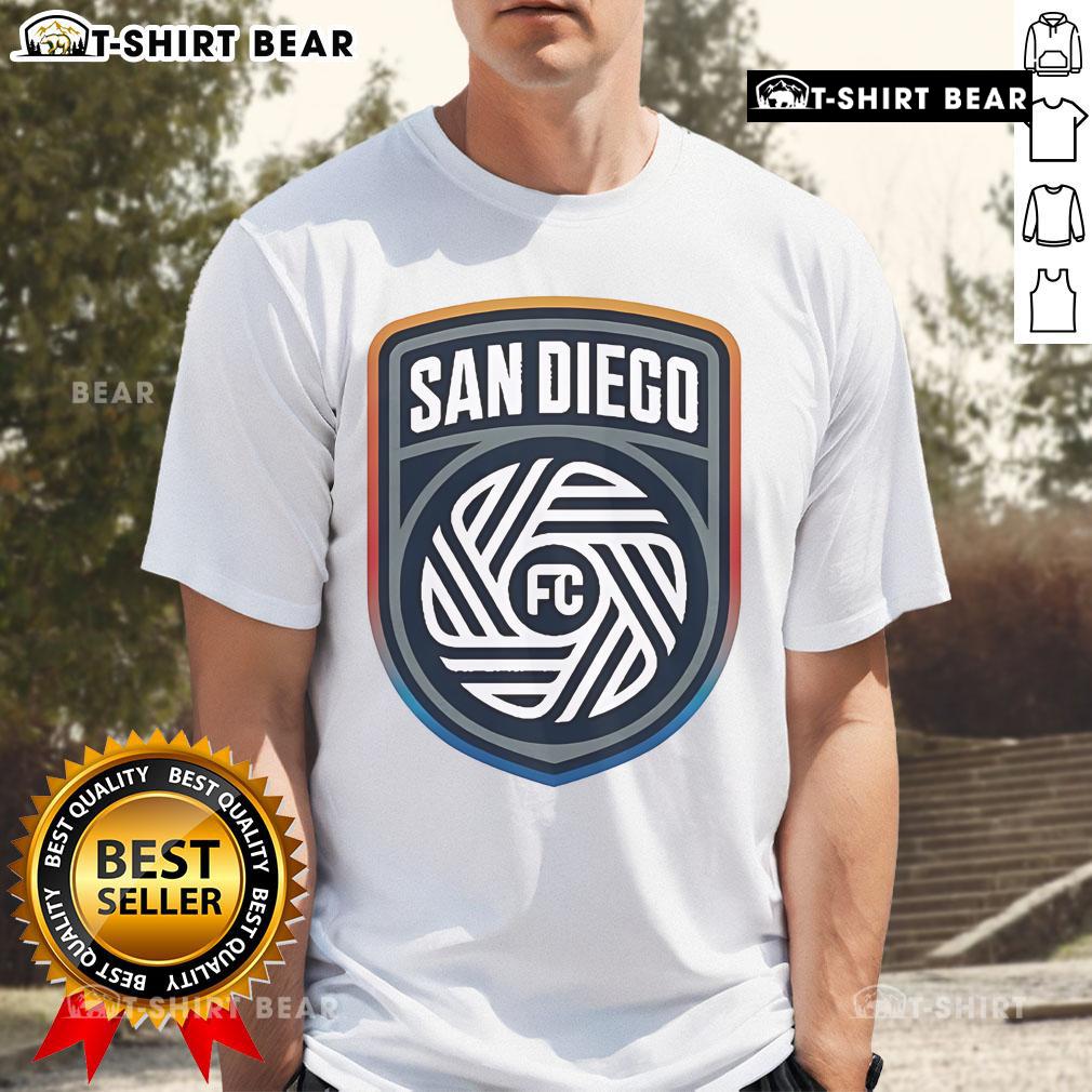 Alt Text: Top San Diego FC crest logo t-shirt featuring vibrant colors and stylish design for soccer fans.