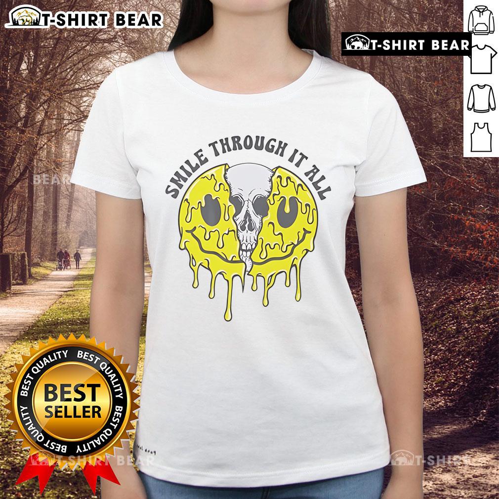 Top Skull Smile Through It All Ladies Tee featuring a stylish skull graphic and positive message for trendy women.
