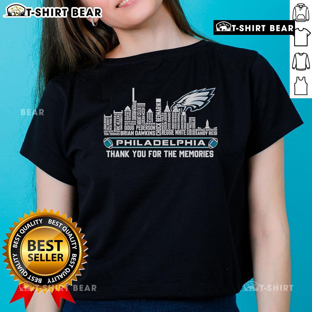 Top Skyline Philadelphia Eagles Thank You For The Memories Ladies Tee design featuring iconic Philly skyline and team colors.