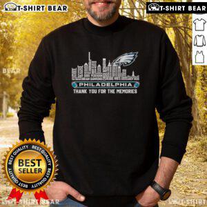 Alt Text: Top skyline of Philadelphia Eagles sweatshirt with 'Thank You For The Memories' design, perfect for fans.