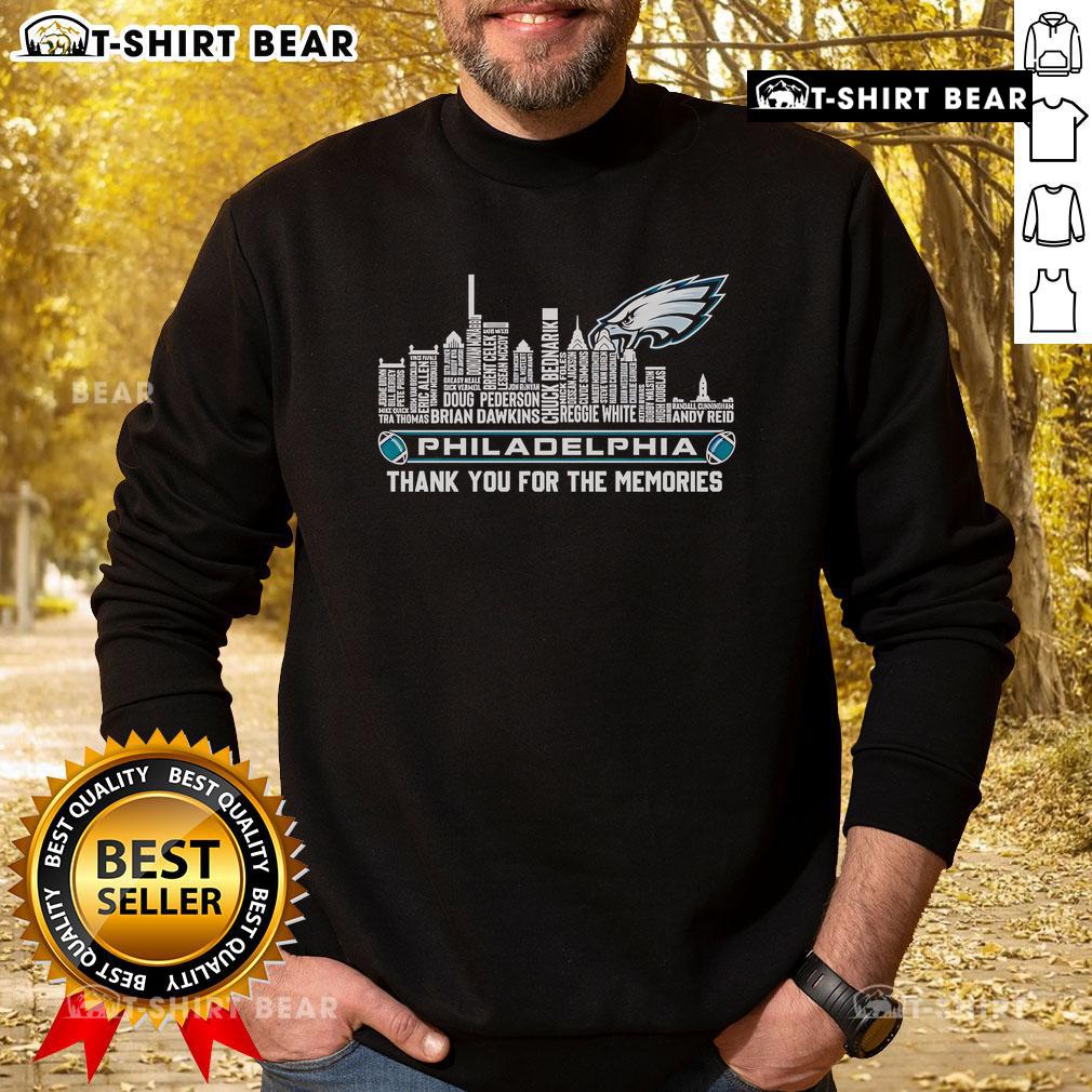 Alt Text: Top skyline of Philadelphia Eagles sweatshirt with 'Thank You For The Memories' design, perfect for fans.