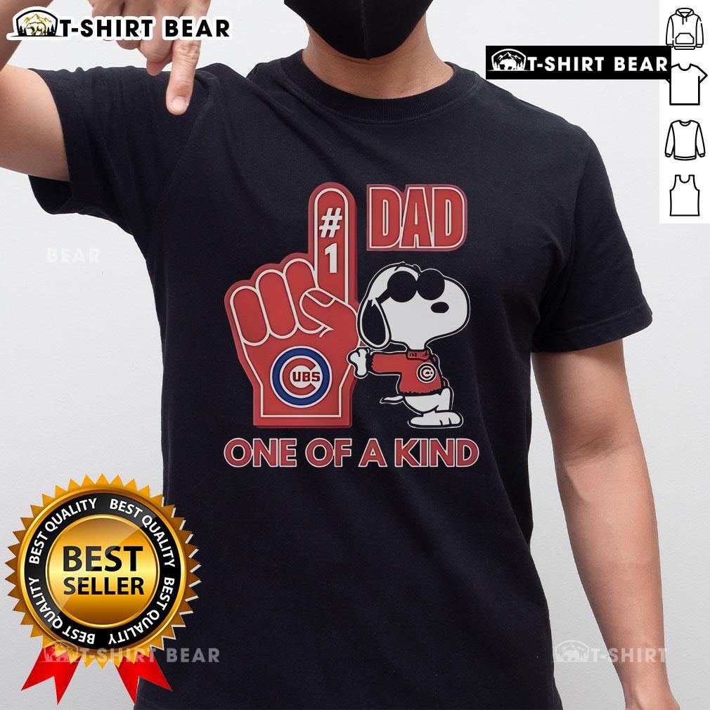 Alt Text: Top Snoopy Chicago Cubs Dad One Of A Kind T-Shirt featuring Snoopy in Cubs gear, perfect gift for baseball dads.