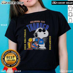 2025 NBA Finals Champions tee featuring Snoopy and Oklahoma City Thunder logo, perfect for ladies' fan apparel.