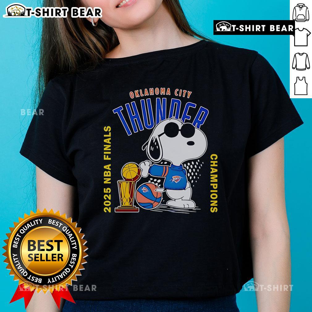 2025 NBA Finals Champions tee featuring Snoopy and Oklahoma City Thunder logo, perfect for ladies' fan apparel.