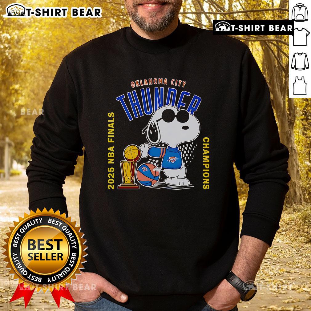 Top Snoopy Oklahoma City Thunder 2025 NBA Finals Champions sweatshirt featuring vibrant graphics and cozy design.