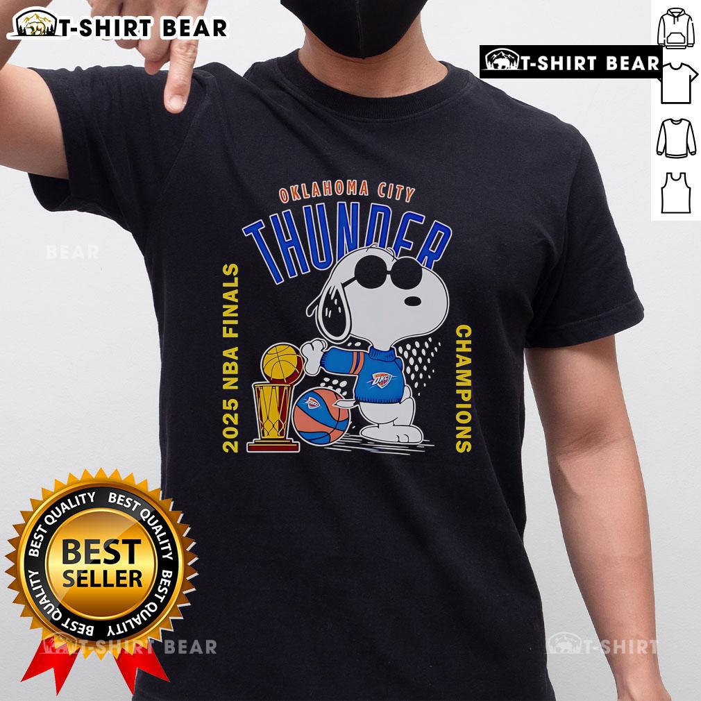 Top Snoopy Oklahoma City Thunder 2025 NBA Finals Champions T-Shirt featuring vibrant graphics and team colors.