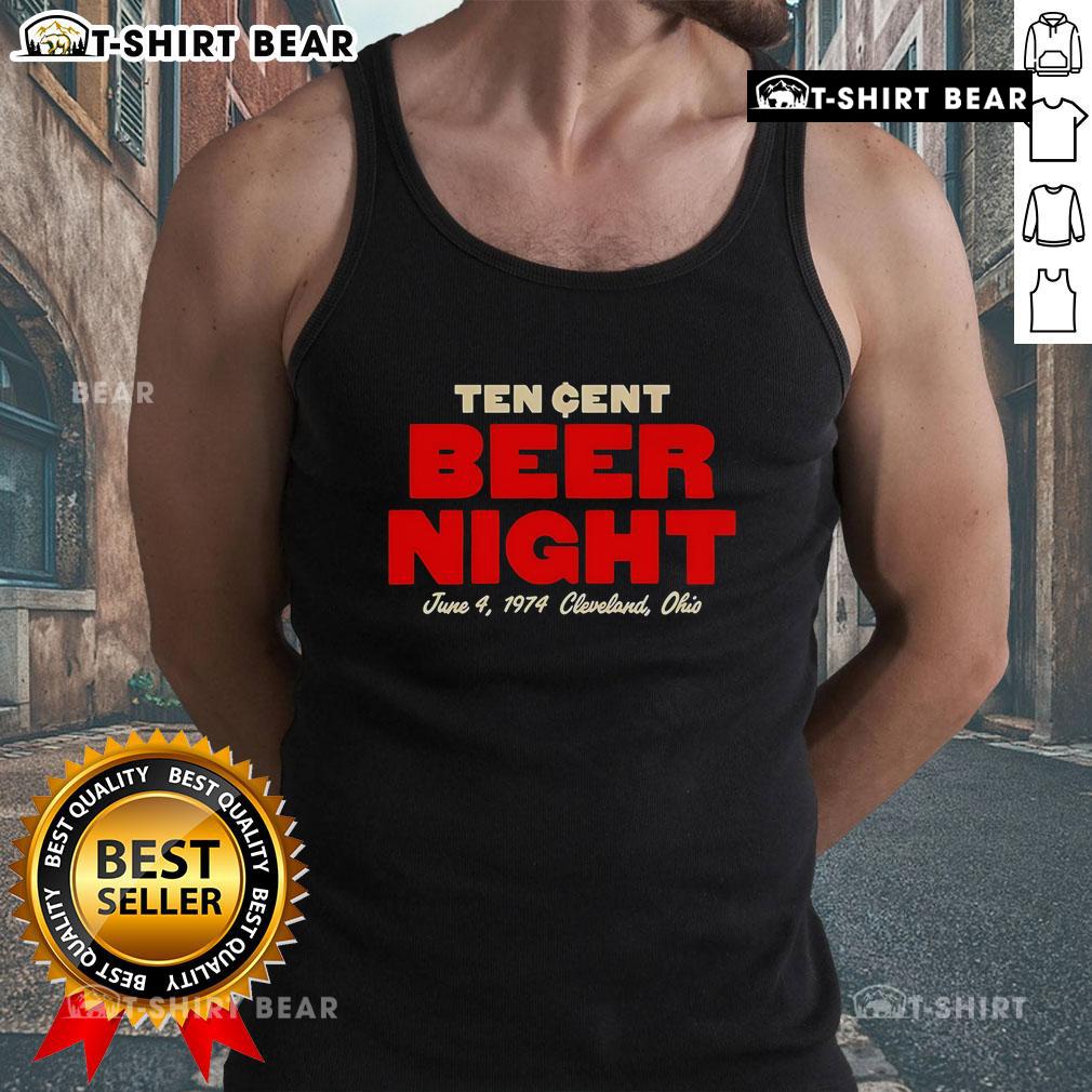 Person wearing a Top Ten Cent Beer Night Cleveland Ohio tank top, enjoying a lively night out with friends.