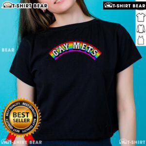 Top The Gay Mets Rainbow Pride Month Ladies Tee featuring vibrant rainbow colors and a stylish design for pride celebrations.