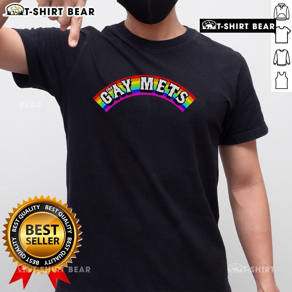 Top The Gay Mets Rainbow Pride Month T-Shirt featuring vibrant colors and a fun design celebrating LGBTQ+ pride.