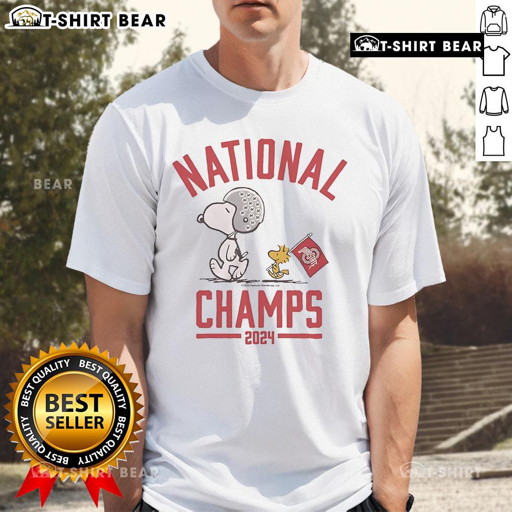 Ohio State Buckeyes 2024 Football National Champs T-Shirt featuring Peanuts design, perfect for fans celebrating the victory.