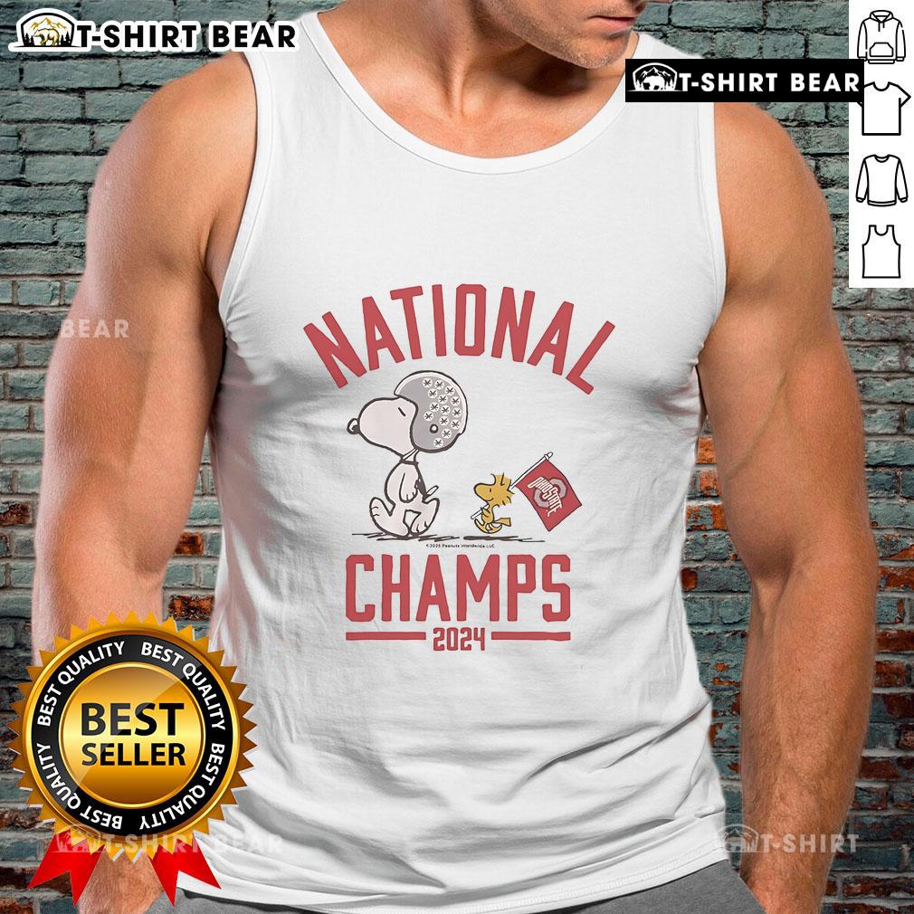 Top The Peanuts Ohio State Buckeyes 2024 Football National Champs Tank Top featuring team colors and logo.