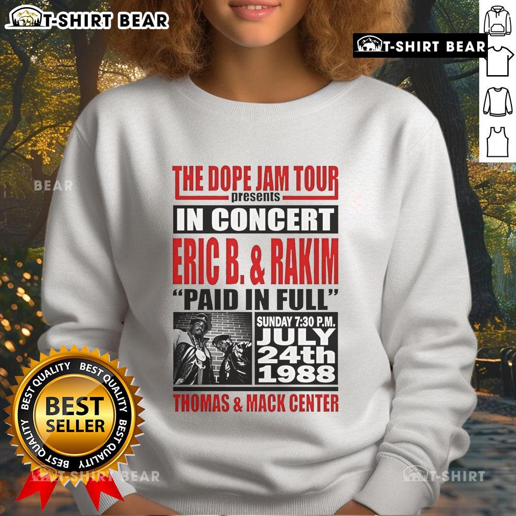 Alt Text: Thomas and Mack Center Dope Jam Tour sweatshirt featuring vibrant graphics and a stylish design for fans.