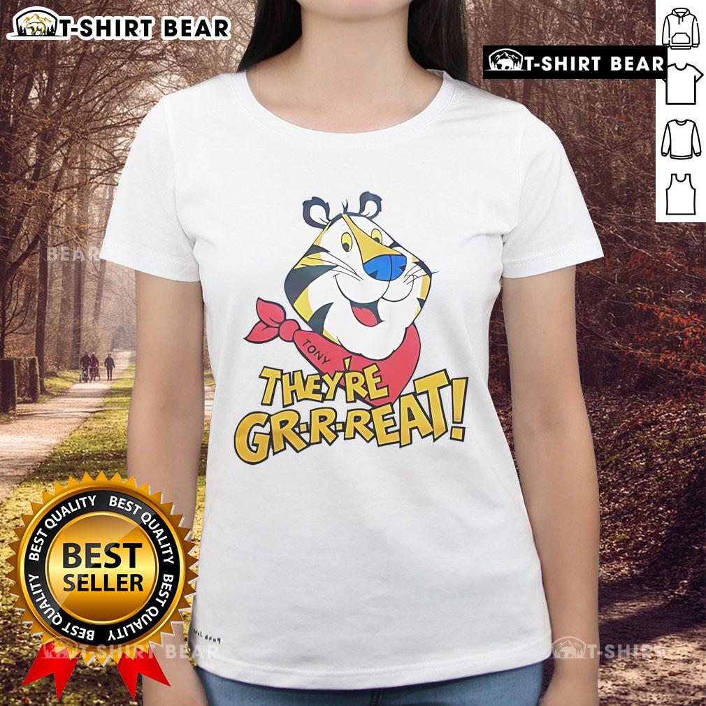 Alt Text: Top Tiger Tony They're Great Ladies Tee featuring a vibrant tiger graphic, perfect for casual wear.